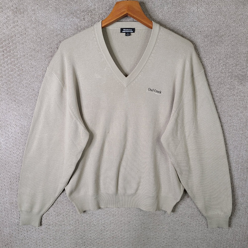 Monterey Club Sweater Mens M Beige V Neck Sweater Knit Golf Owl Creek‎ Casual
